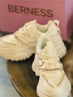 BERNESS White Platform Women's Sneakers with Silver Trim